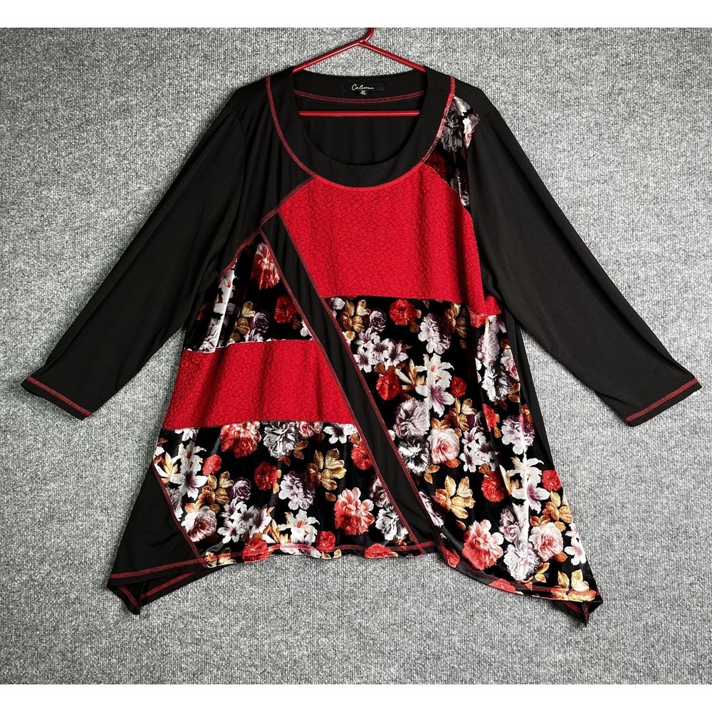 Calessa Top Women 3X Patchwork Lagenlook Floral‎ Velvet Red Black Boho